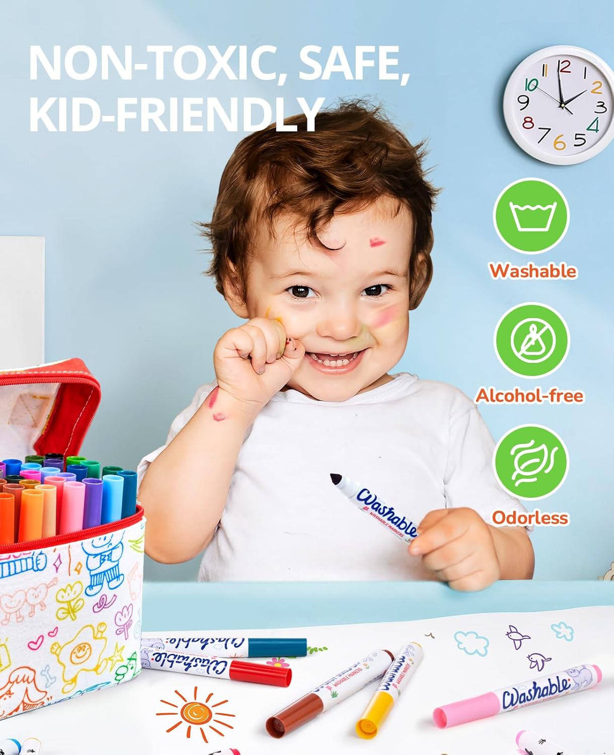 JoyCat 40 Count Washable Markers for Kids, 40 Colors Washable Markers Set with Carrying and DIY Coloring Fabric Storage Bag, Coloring Marker Bulk for Boys Girls Toddler, School Classroom Supplies