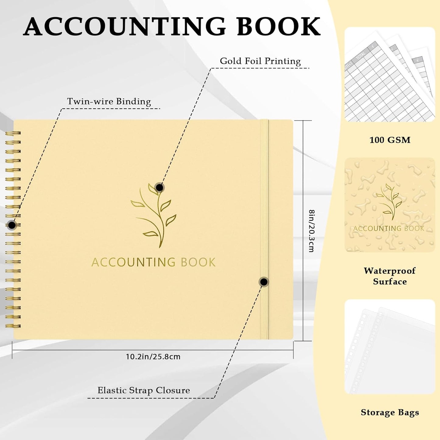 Accounting Ledger Book for Small Business & Personal Use, Horizontal Expense Tracker Notebook Ledger Book for Bookkeeping, Financial Income and Expense Log Book 10.2" x 8", Light Yellow