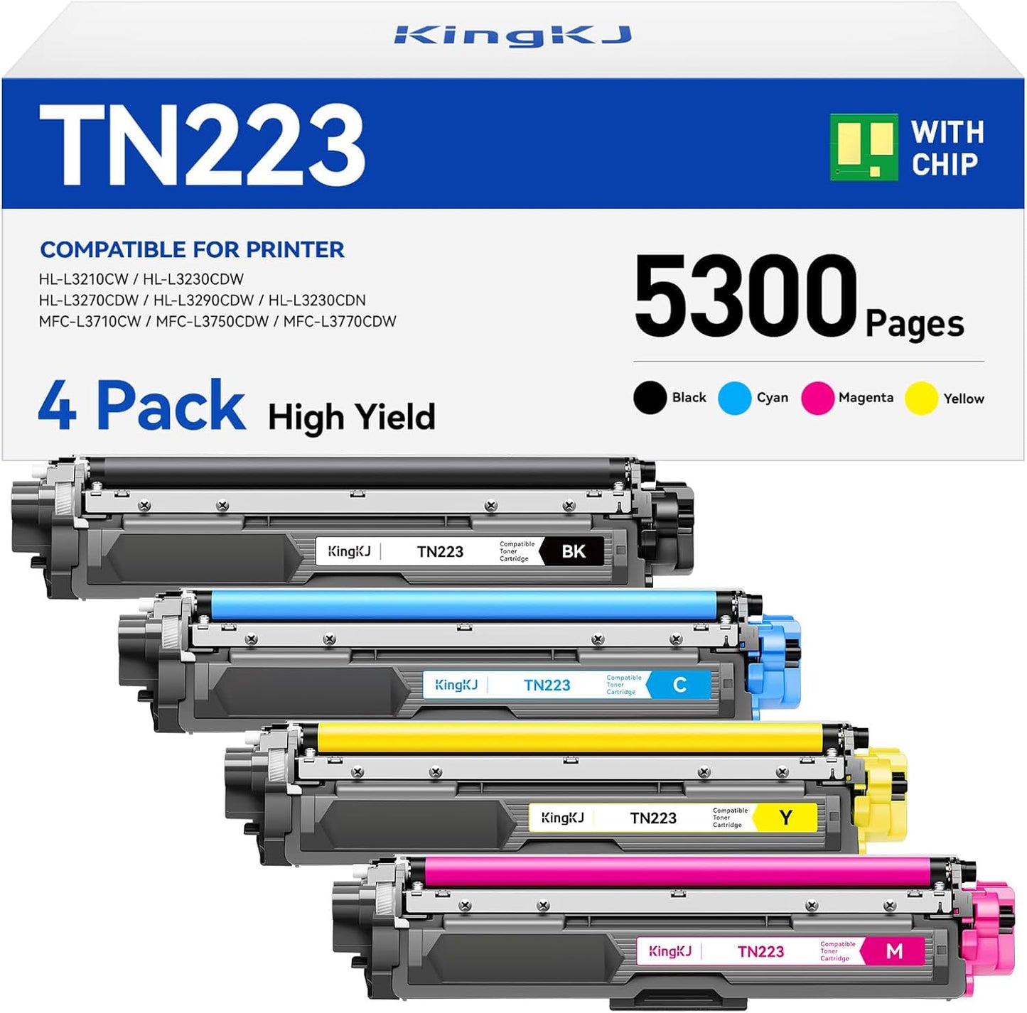 TN223 Toner Cartridge Set 4-Pack Black Color Replacement for Brother TN-223 TN227 Compatible with HL-L3270CDW HL-L3210CW MFC-L3770CDW HL-L3290CDW MFC-L3750CDW L3710CW HL-L3230CDW L3230CDN Printer Ink