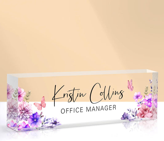 Custom Name Plate for Desk, Acrylic Office Decor For Women Men, Personalized Office Desk Accessories, Teacher Employee Appreciation Gifts For Social Worker Boss Coworkers (Purple Flower-3)