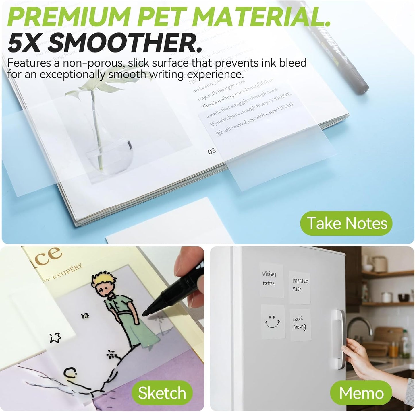 Transparent Sticky Notes with Marker Pen, Tecolu 7 Pads Clear Sticky Note 3x3, 5X The Sticking Power Translucent Sticky Note Pad, Waterproof & See-Through