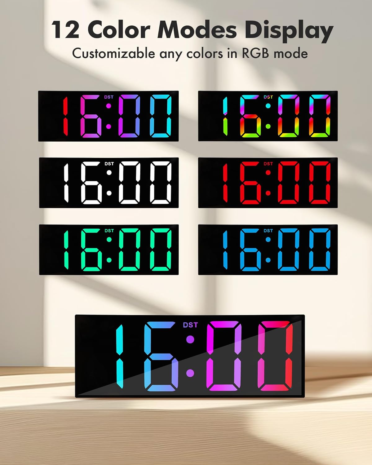 Alampan 12" Large Digital Wall Clock with Remote Control, RGB LED Clock with Full Screen Display, Big Numbers, for Classroom, Living Room, Elderly, Wall Mounted, DST, KSJ-01, Black