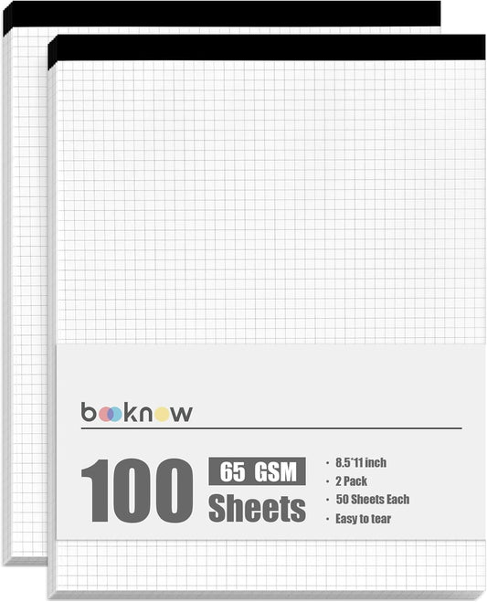 BOOKNOW 2-Pack 8.5" x 11" White 5x5 Quad Ruled Graph Paper Pads, 50 Sheets per Pad, for Office, School, and Drawing