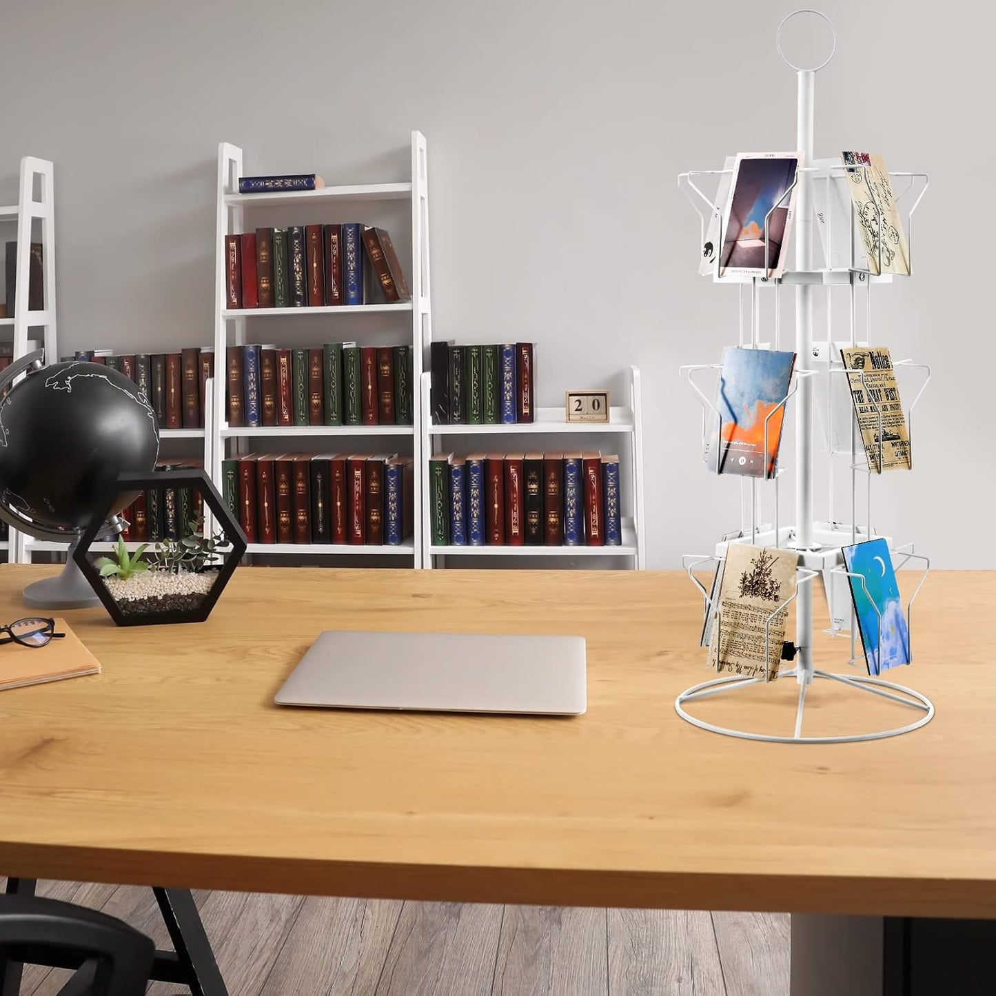 Nuanchu 12 Pockets Greeting Card Display Stand Countertop Rotating Greeting Card Rack with 200 Clear Resealable Bags 3 Tier Metal Display Stand Spinning Holder for Stickers Showcase Postcard(White)