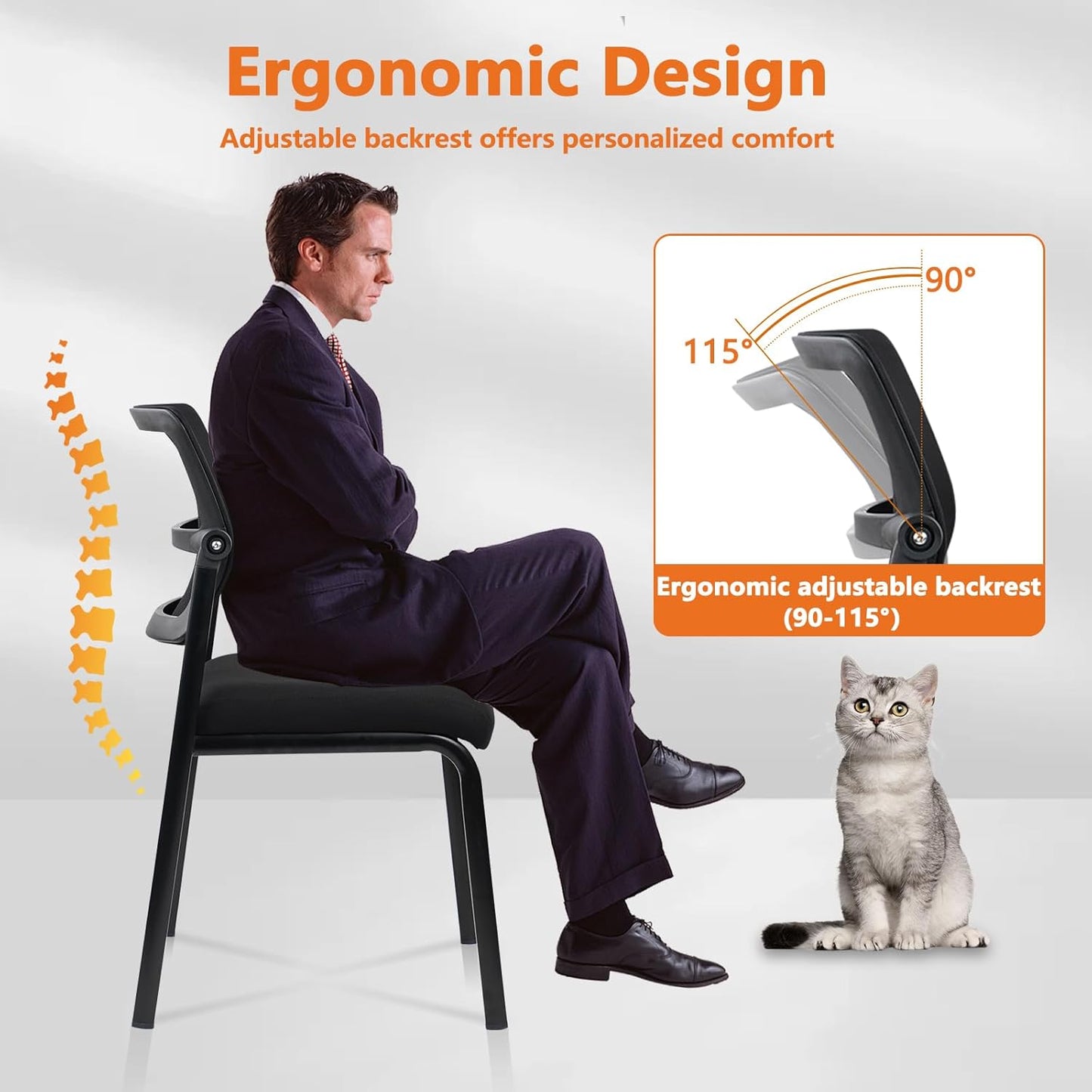 CLATINA Stacking Armless Office Waiting Room Chair with Adjustable Backrest, Stackable Mesh Guest Reception Desk Chairs with Ergonomic Lumbar Support for Conference Lobby Side School, Black, 2 Pack