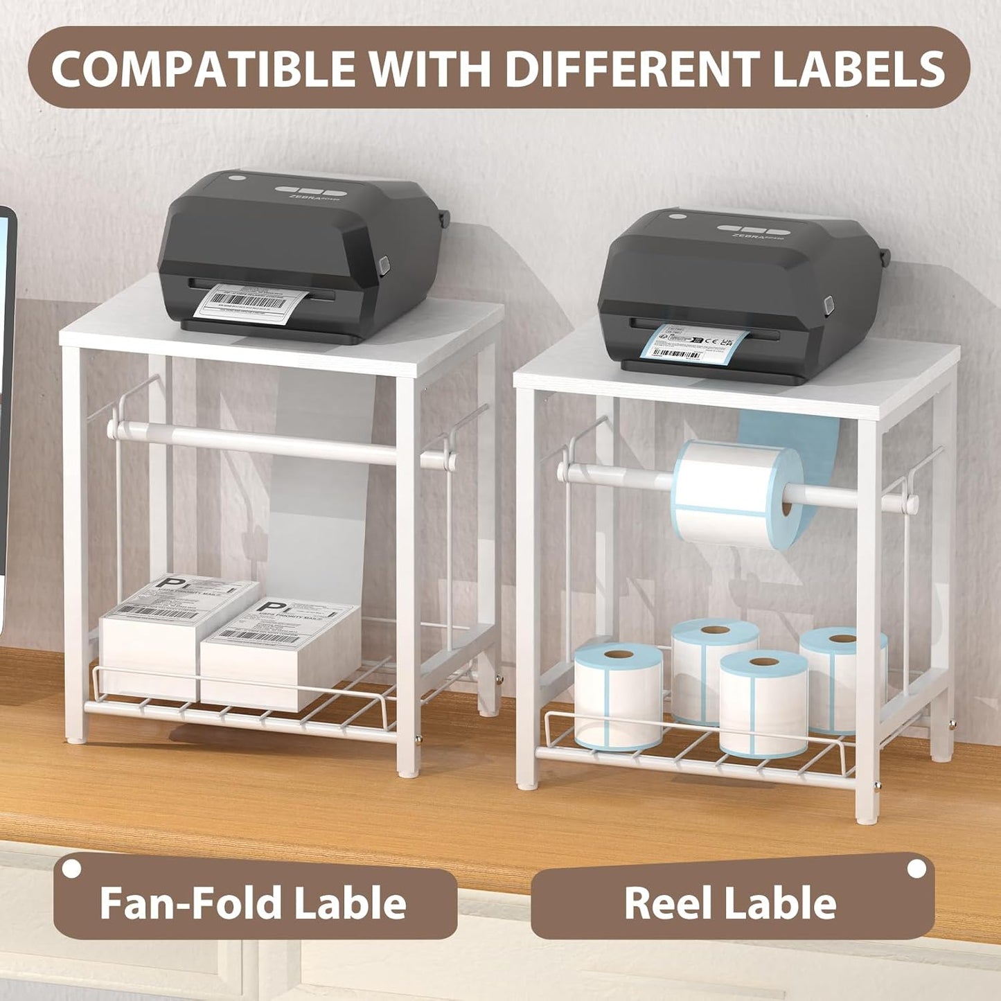 NANANARDOSO Label Holder for Thermal Printer with Basket,Wooden Label Holder for Shipping Label Printer,Sticker Roll Holder for Home, Office Small Business,White