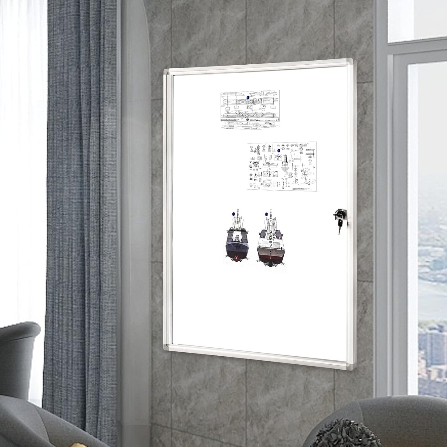 BIBOC 36x24 Inches Lockable Bulletin Boards White Board Frame Enclosed Display Case,with Magnets,for School Message Notice Whiteboard