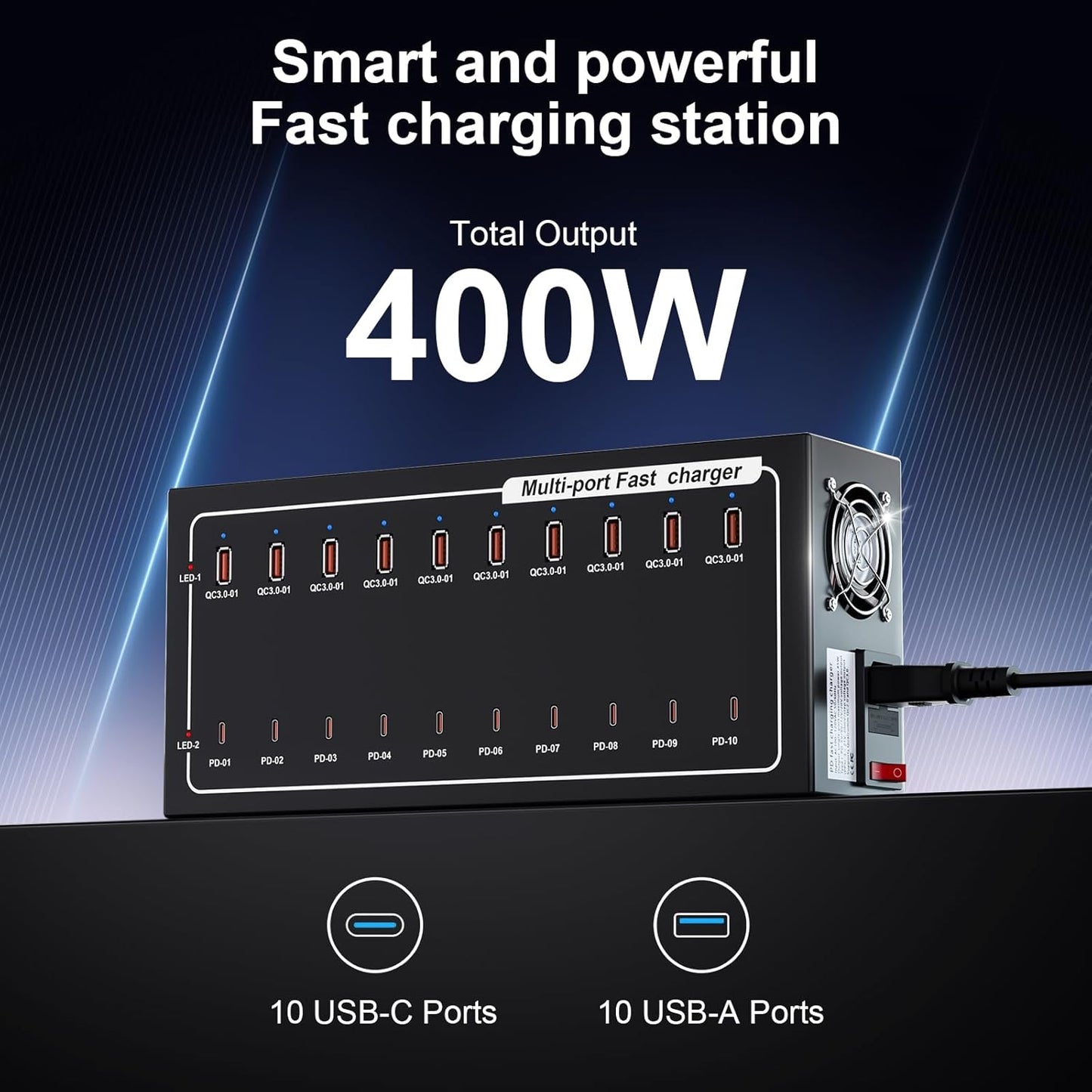 Lcoco&Dream 400W Super Charging Station, 20 Port Fast Charging（10USB C+10USB A） Desktop Charging Station,simultaneously Charges Mobile Phones, Tablets, Headphones and Other Devices at high speeds