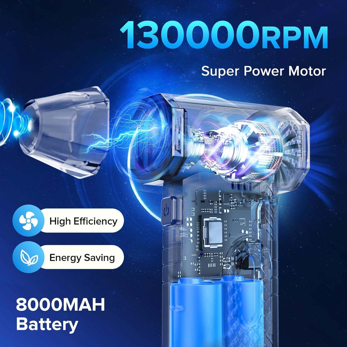 Compressed Air Duster, 8000mAh 130,000 RPM Keyboard Cleaner, Replace Compressed air can, Computer Accessories for Outdoors, PC, Electronics, Snow and Car Dust Off(Deep Black)