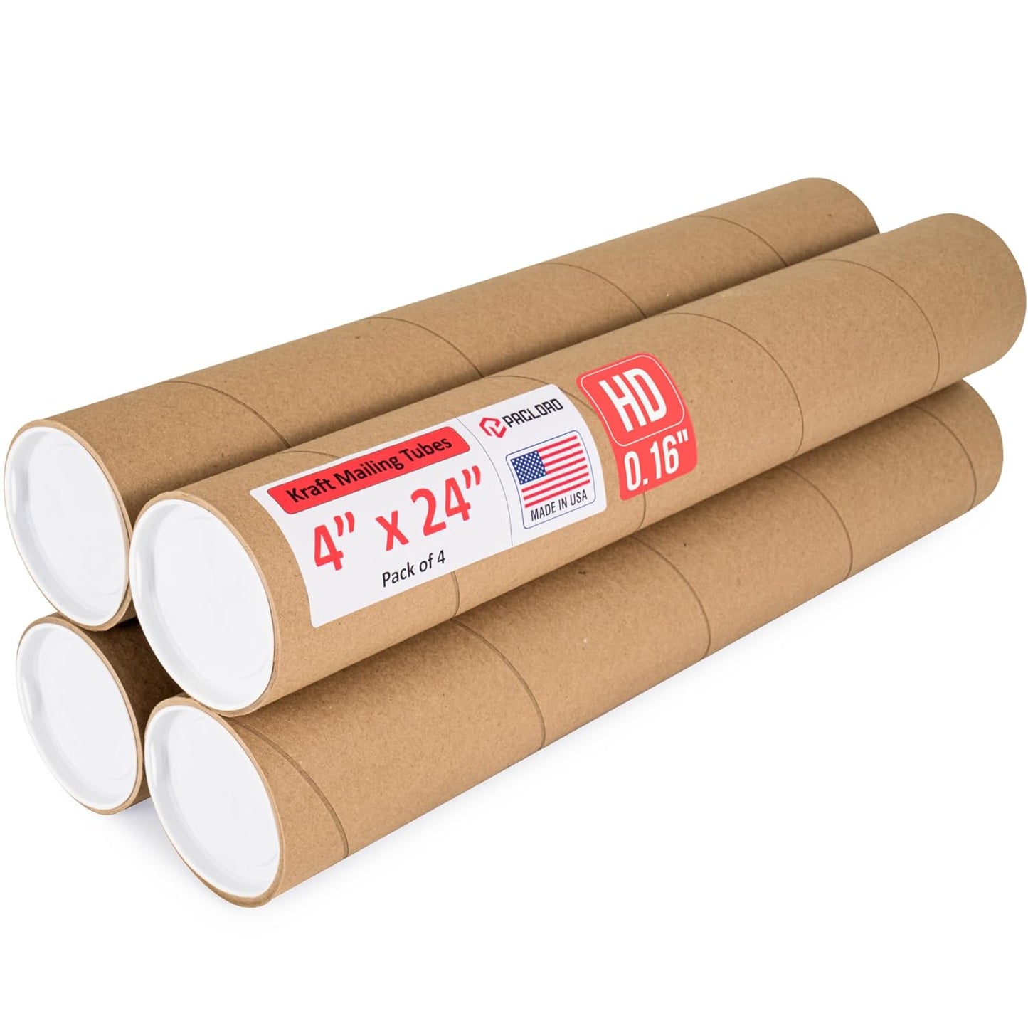 4" x 24" Heavy-Duty Reinforced Cardboard Mailing Tube, Pack of 4 Tubes with 8 Caps – Secure USPS Approved – Great for Shipping and Storing of Prints, Artwork, Posters or Documents