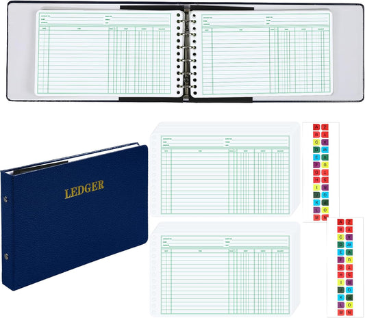 Ring Ledger Binder with 200 Pcs 5"x8.5" Ledger Sheets Small Index Tabs for Bookkeeping Accounting Business with Debit Credit Balance Columns(Blue Cover, White Sheets)