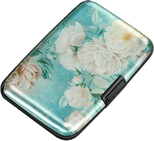 ELFISH Mini RFID Aluminum Wallet Credit Cards Holder Business Card Case Metal ID Case for Men Women(White peony)