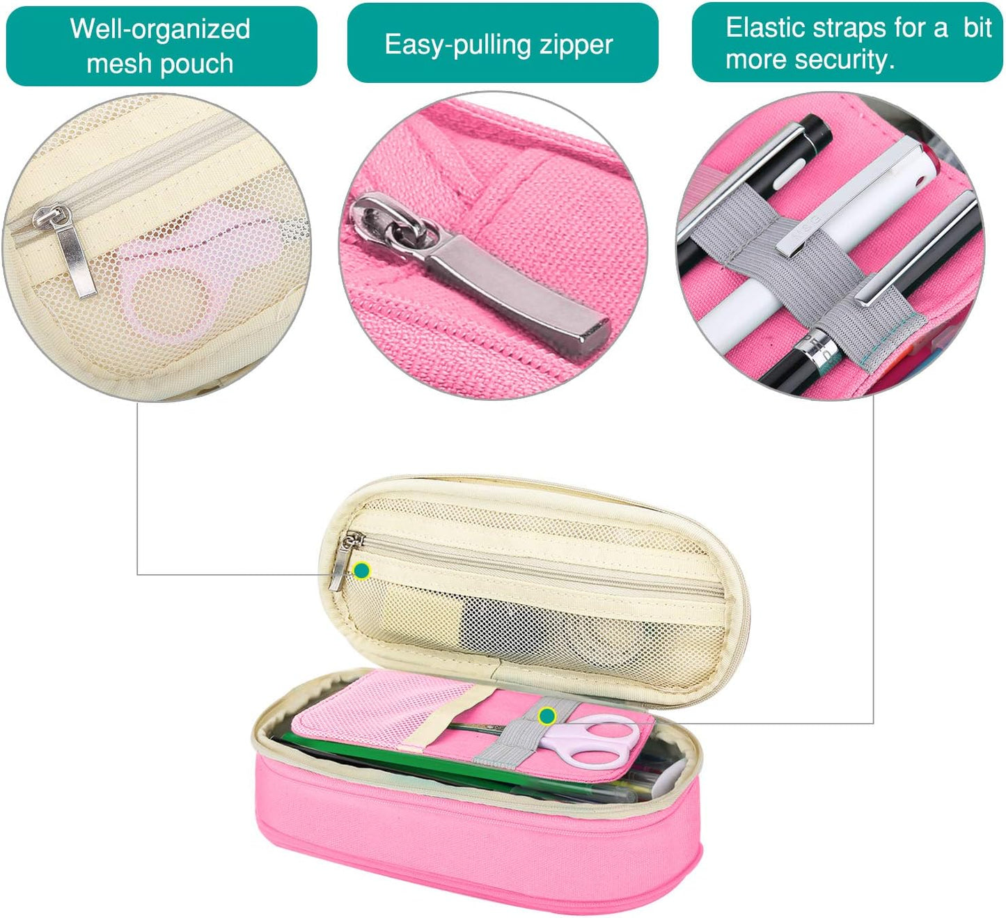 MoKo Large Capacity Pencil Pen Case, Big Capacity Storage Bag Pouch Box, Stationery Organizer with Zippers for Office/School Supplies - Beige & Pink