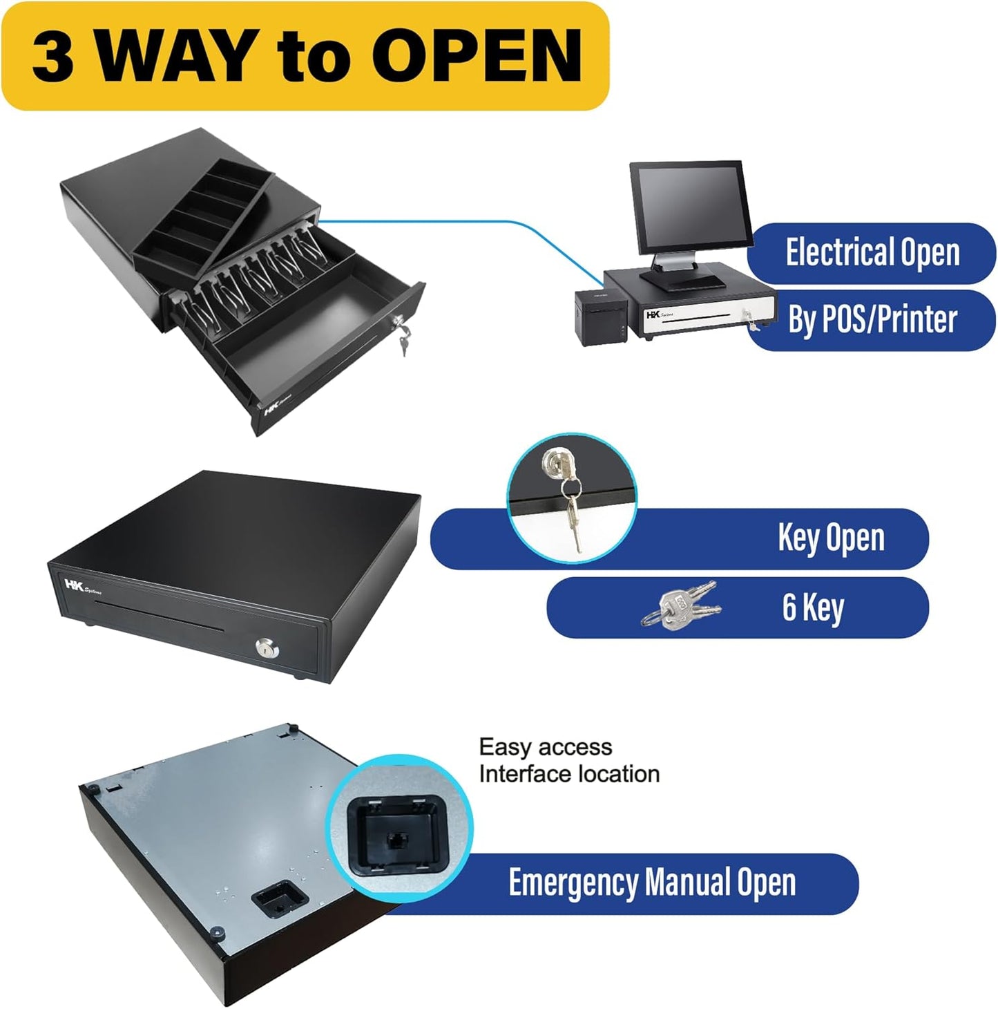 HK SYSTEMS 16inch Heavy Duty POS Cash Drawer with 5Bill/5Coin, Removable Coin Compartment, 24V, RJ11, Single Large Media Slot, Black