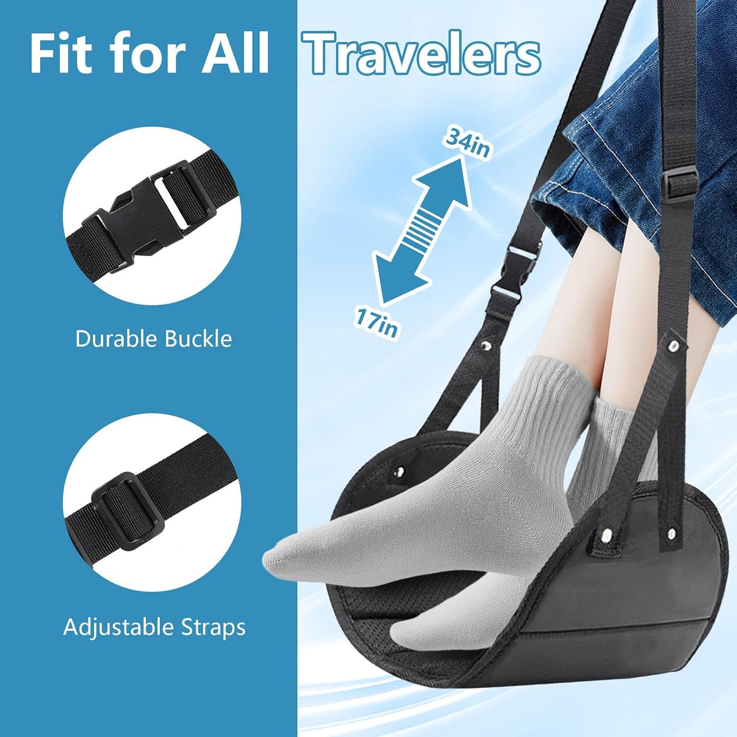 2-Pack Airplane Foot Hammock with Adjustable Strap - Travel Accessories for Ergonomic Foot Rest & Relaxing Feet on Long Flights, Plane, Car and Home Use