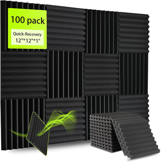 100 Pack Sound Proof Foam Panels for Walls 12x12x1 Inches, Wedges Acoustic Panels Sound Absorbing, Acoustic Foam Panels for Recording Studio, Home, Office, Easy Install, No Adhesive Included