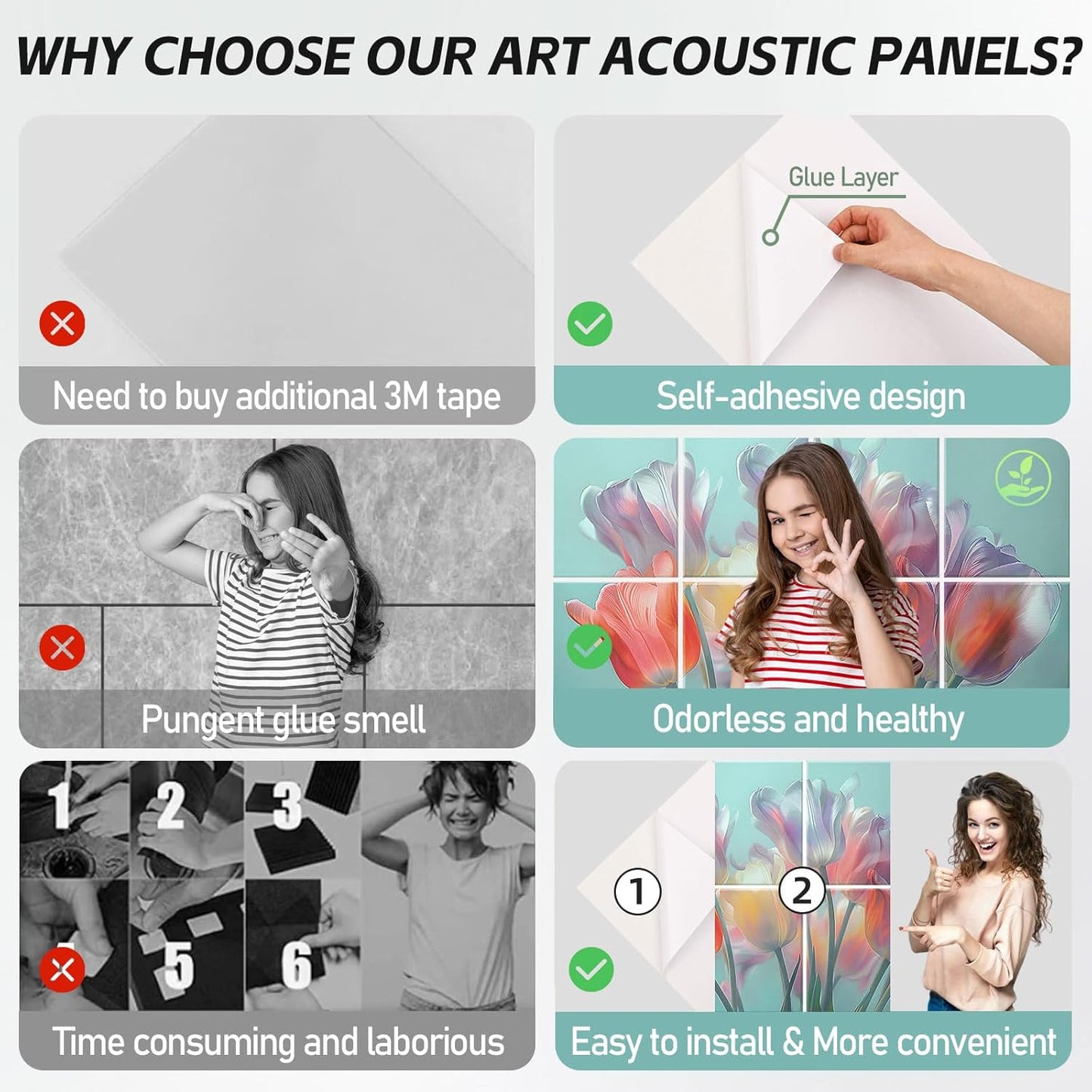 8 Pack Art Acoustic Panels, 48"X32" Self-adhesive Soundproof Wall Panels, Decorative Sound Absorbing Panel, Acoustic Treatment for Studio, Home, Office (Colorful Tulips)