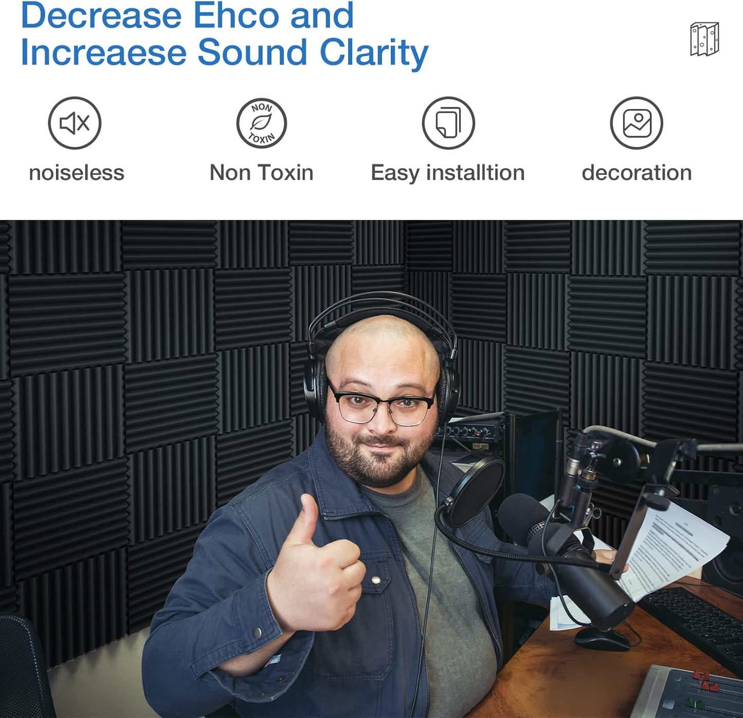 48 Pack Sound Proof Foam Panels for Walls,2" X 12" X 12"Self-Adhesive Foam Acoustic Panels Sound Absorbing,High Density Quick-Recovery Soundproof Wall Panels -Black