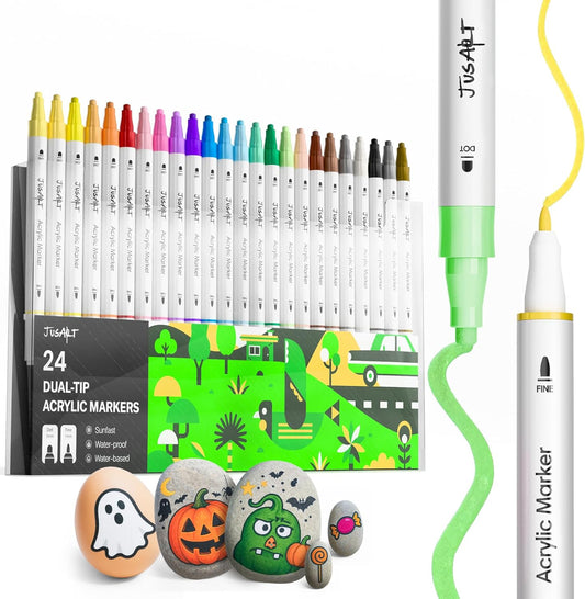 JusArt 24 Colors Dual Tip Acrylic Paint Markers with Dot and Fine Tip, No-Bleed Paint Pens and Waterproof Markers for Rock, Wood, Glass, Ceramic - Vibrant Art Supplies for Kids, Beginners & Artists