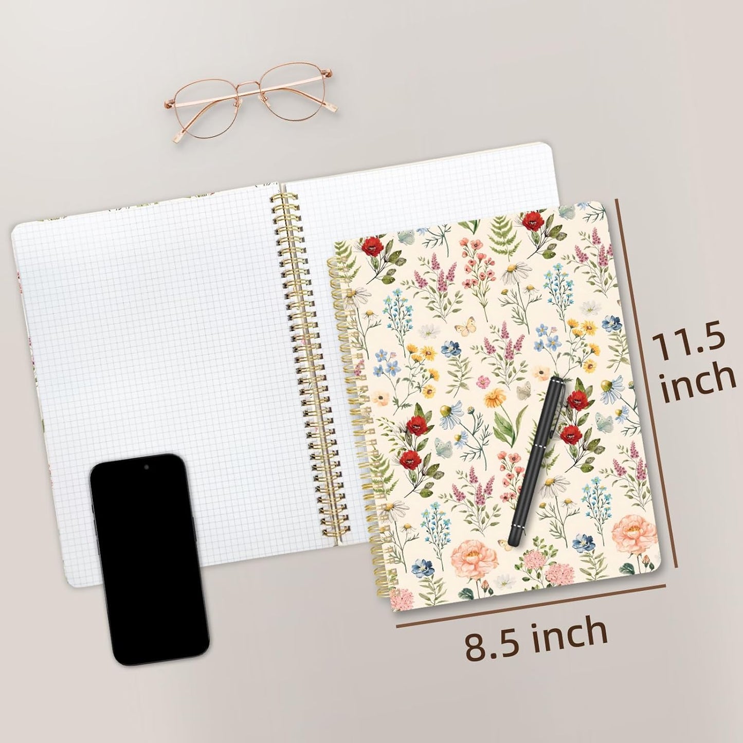 Cute Spiral Notebook journal A4 Aesthetic Pretty Design for Women Girls Kawaii with Pocket, 8.5 x 11 inch, Graph, Plant Flower