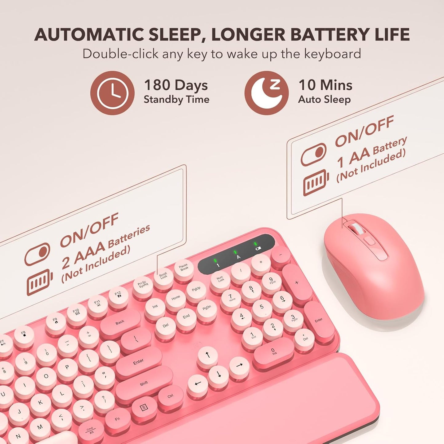 Wireless Keyboard and Mouse Combo - Retro Keyboard with Round Keycaps, Full-Size Typewriter Keyboard with Detachable Wrist Rest, 2.4GHz Connection for Mac/Windows/PC (Baby Pink)