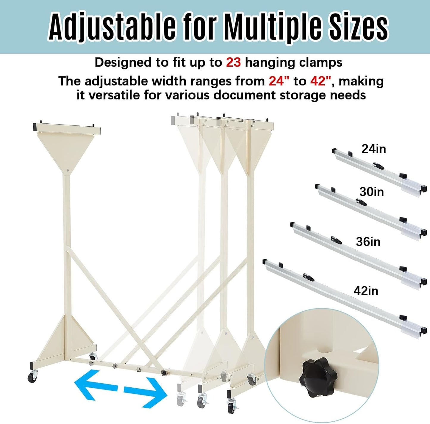 Estune Mobile Blueprint Holder Rack Adjustable Mobile Blueprint Holder with 4 Wheels Fits 23 Clamps 24" - 42" Hanging Clamps Poster Display Storage Organizer Stand for File Display Plan Office Home