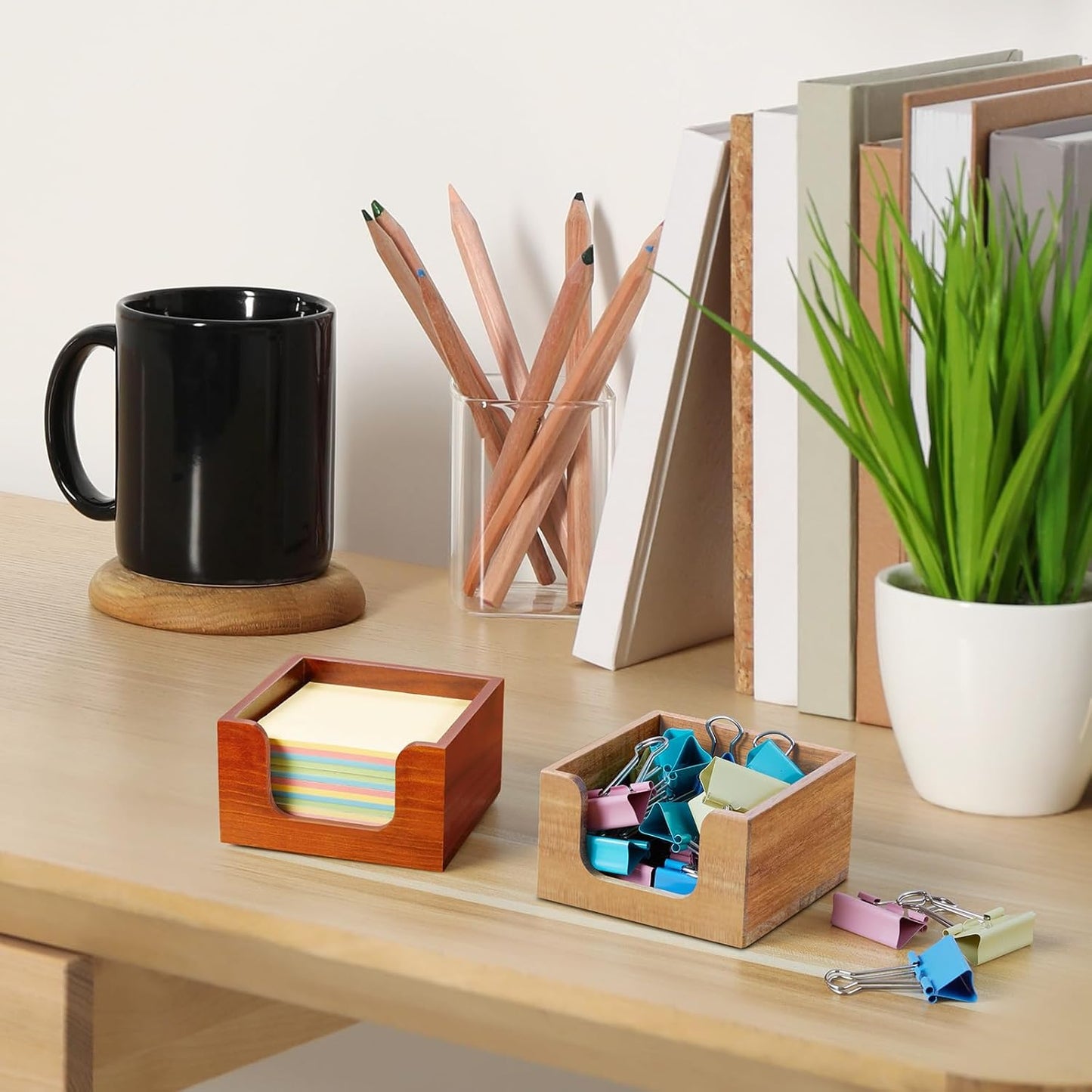 Wooden Sticky Note Holder, Post It Note Dispenser for Office Desk Accessories, Self Stick Note Pad Holder, Memo Pad Holder Dispenser Organizer for School Office Desk Supplies, Red Brown