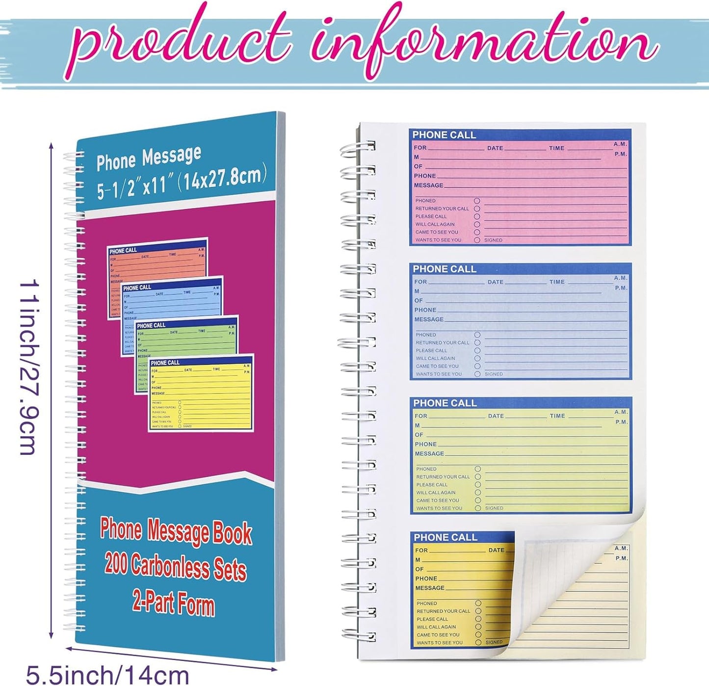 Sinmoe 1 Pcs Spiral Bound Phone Message Book with Carbon Copy 5-1/2" x 11" 2 Part Colorful Carbonless Telephone Message Pads Duplicate Spiral Phone Call Log Book for Business Office (Rose Red,Blue)