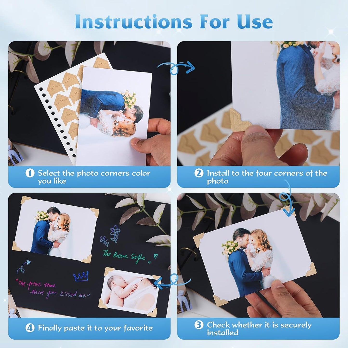 GOONAVI 15 Sheets 360 PCS Black Acid-Free Photo Corners Notebook, Self-Adhesive Photo Corners for DIY Photo Album Journal, Photo Corner Stickers for Trip Journal Memory Book