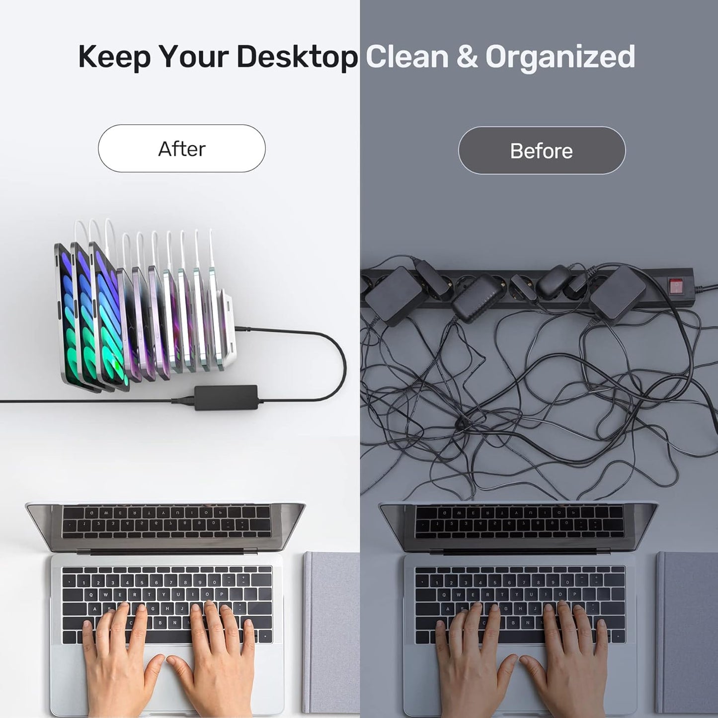 Alxum USB Fast Charging Station with Quick Charge 3.0, 60W 10 Port Charging Stand for Multiple Devices, Compatible with iPad, iPhone, Samsung Galaxy, White