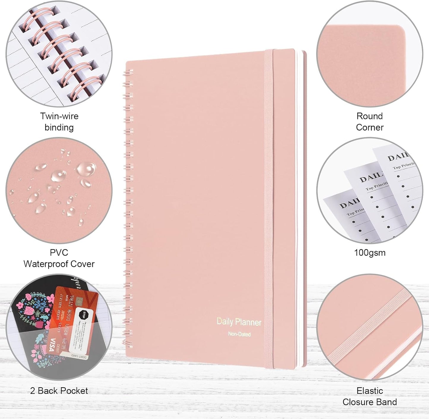 Asten Daily Undated Planner - To Do List Notebook With Hourly Schedule and Spiral Appointment Book for Men and Women, ADHD Work Planner With Inner Pocket, 8.3"x5.8", Pale Pink