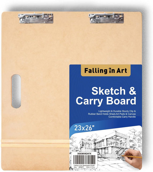 Falling in Art 23x26 Sketch Board, Drawing Tote Board for Artists with Sturdy Clip and Rubber Bands, Portable Art Clipboard for Classroom and Studio Drawing