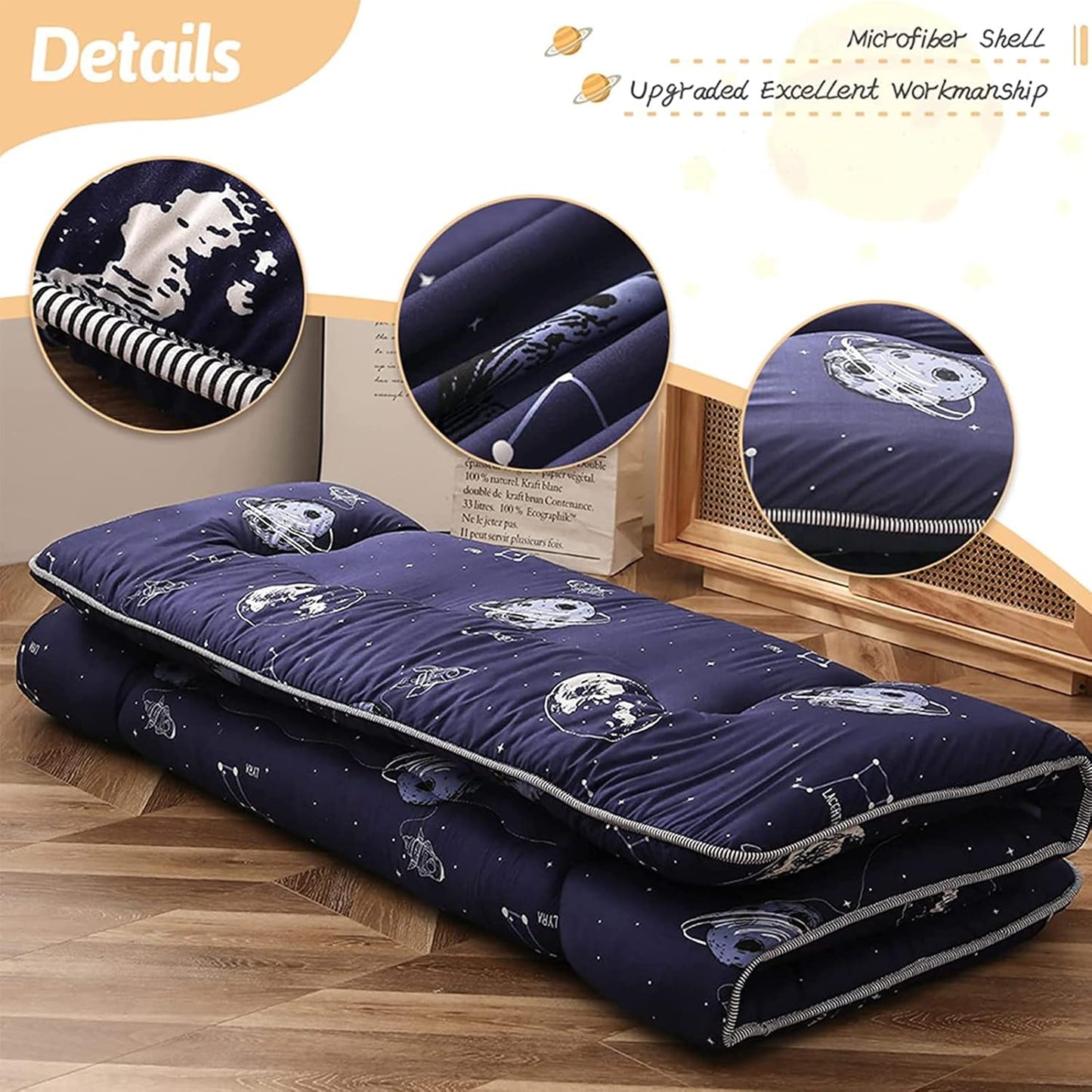 Navy Space Adventure Japanese Floor Futon Mattress, Thicken Tatami Mat Sleeping Pad Foldable Bed Roll Up Mattress Floor Lounger Bed Couches and Sofas for Kids Full Size
