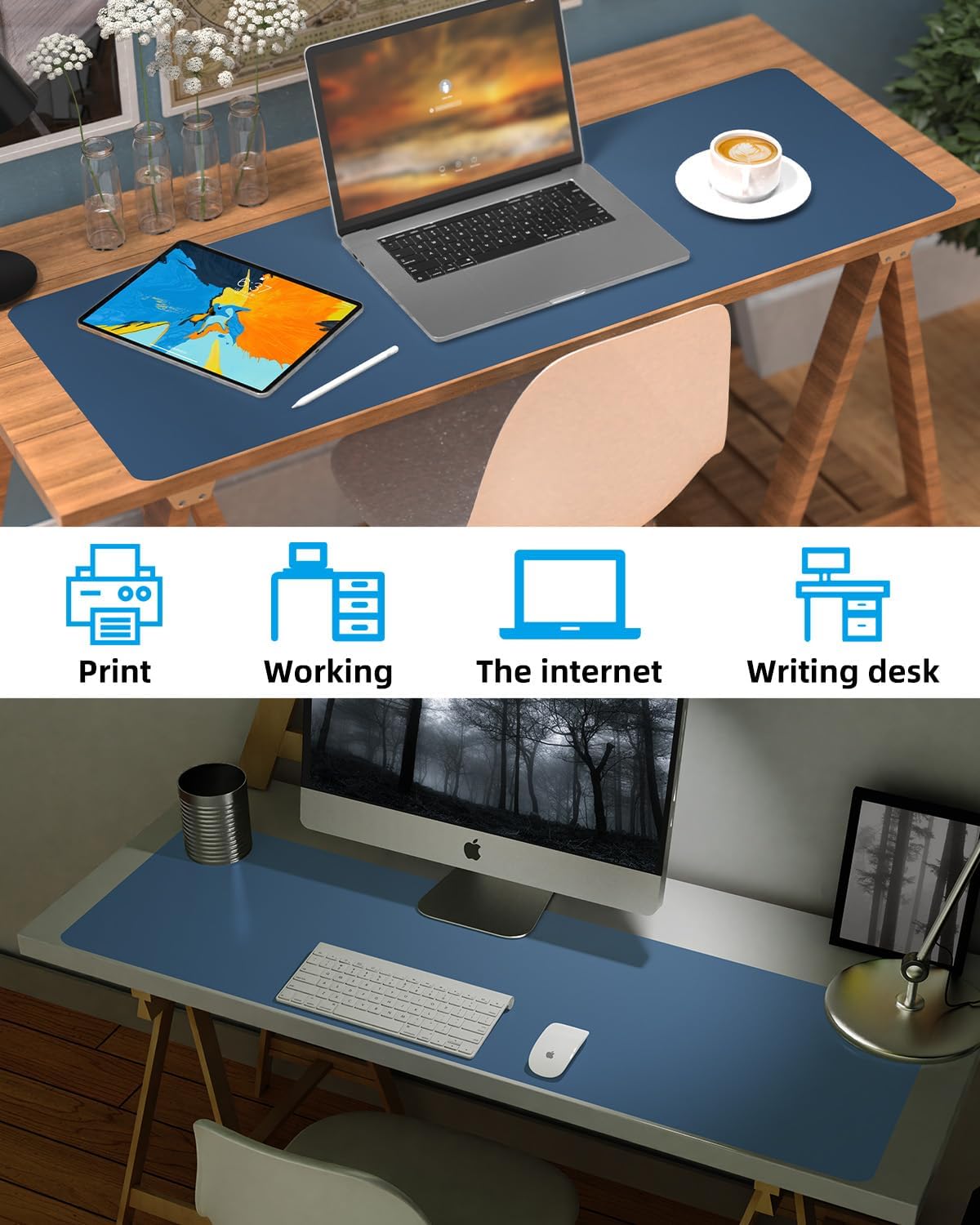 Leather Desk Pad Protector, Large Desk Mat, Mouse Pad, Non-Slip PU Leather Desk Blotter,Desk Cover mat,Desk mat for Keyboard and Mouse,Mat for Office&Home (Grey Blue, 48" x 17")