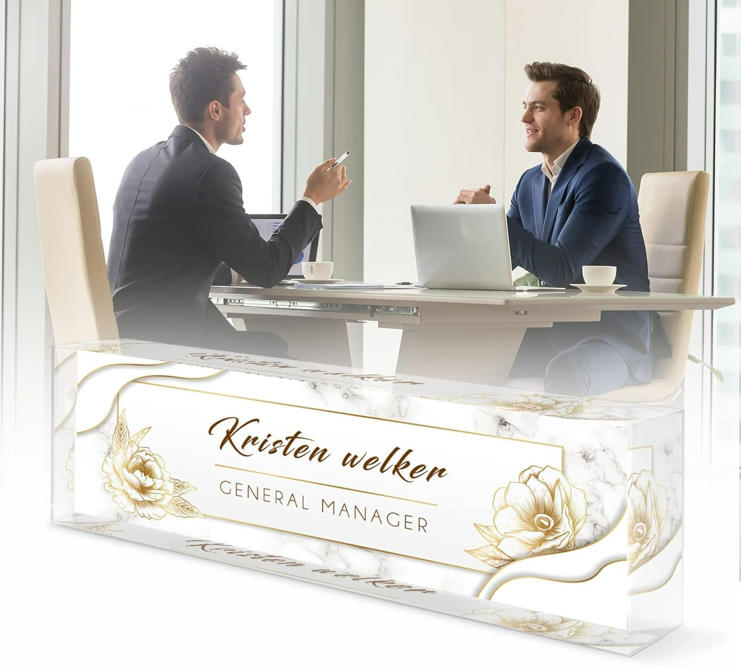 Desk Name Plate Personalized, Premium White Marble Flowers Acrylic Desk Name Plate, Personalized Name Plate for Desk, Office Decor for Women or Men Coworkers, Boss, Employee, Teacher