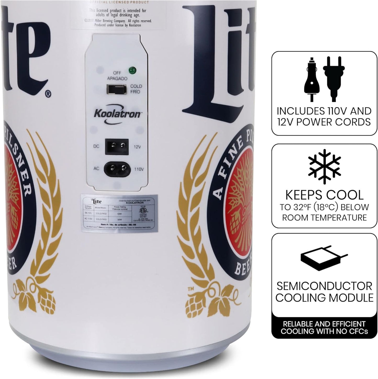 Miller Lite Mini Fridge - Refrigerator for Bedroom Office, Portable Table Top Beverage Cooler, 12V 110V Refrigerador For Drinks, Soda, Wines, Use In Car, Outdoor, Patio, 8 Can
