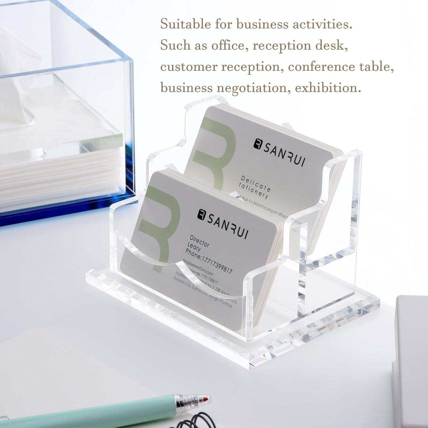 YUXUN Clear Acrylic 2-Tier Business Card Holder – 2-Slot Desk Organizer for Office, Reception, Trade Shows (Ideal for Men & Women)