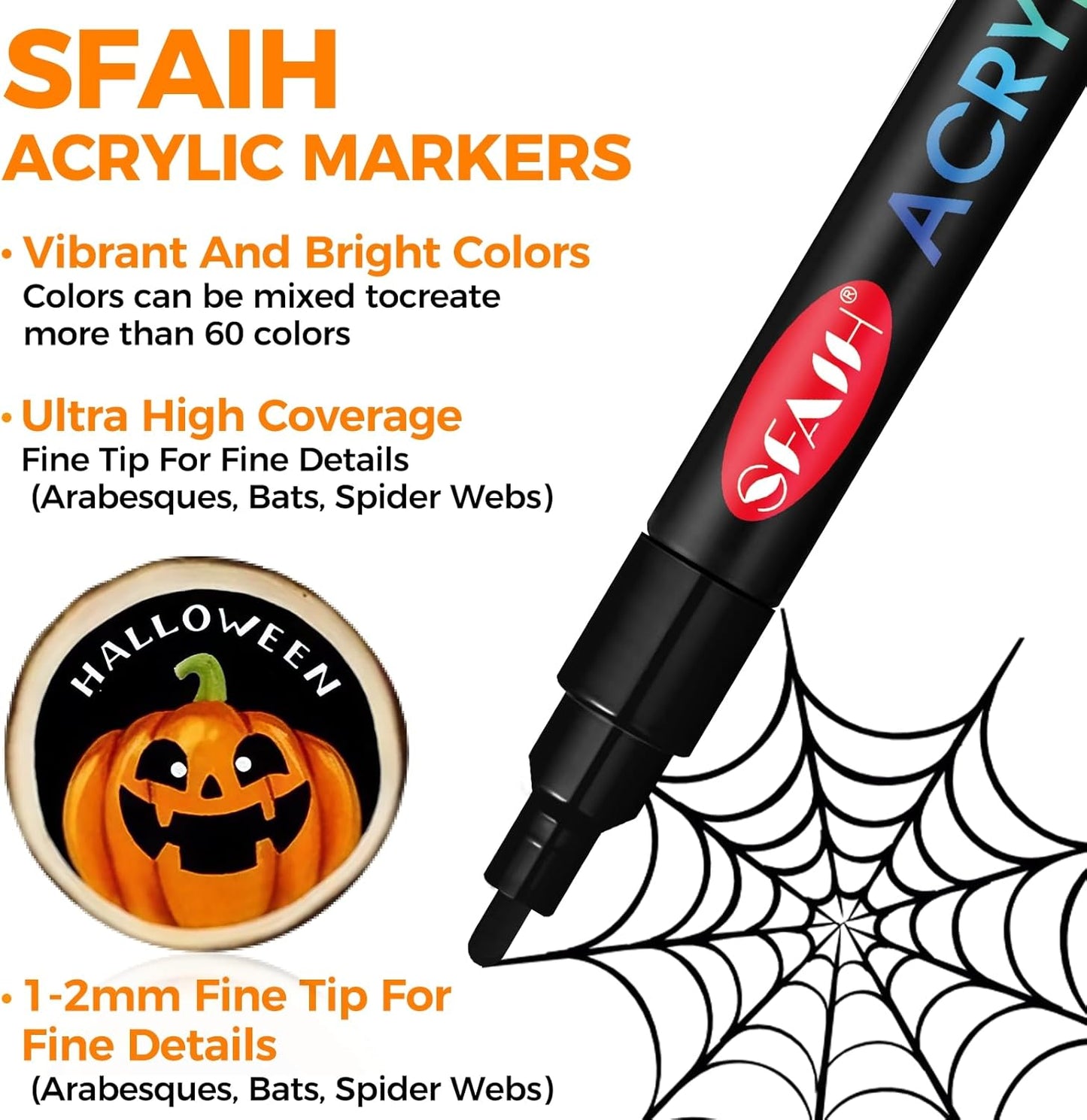 SFAIH Acrylic Creative Markers Set of 60 Vibrant, 14 Metallics, 1-2mm Fine Tips - Halloween Decorations Paint Pens, Pumpkin Painting, Gift for Kids & Adults - Art Supplies, High Coverage, Any Surface