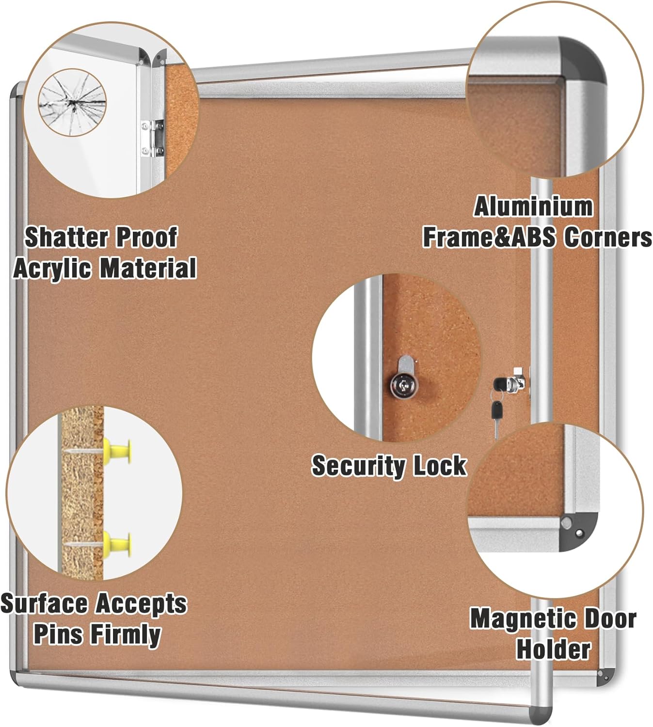 38"x38" Enclosed Bulletin Board, Lockable Weather-Resistant Aluminum Cork Noticeboard for School & Office, Silver Frame w/Cork