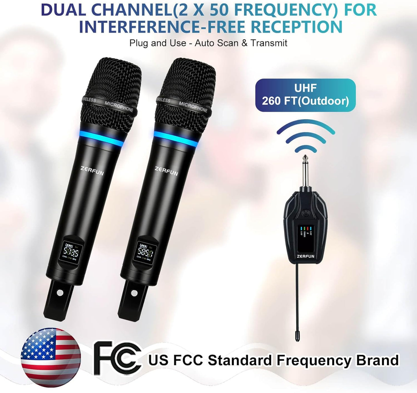 2 Channel Rechargeable Wireless Microphone System, Pro UHF Metal Handheld Wireless Microphones Cordless Mics with Mini Receiver, Channel Control for Karaoke Singing Church