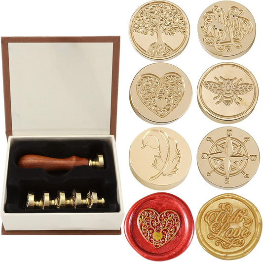 Yoption 6 Pcs Wax Seal Stamp Set, Vintage Tree of Life Bee Heart Compass Feather with Love Sealing Wax Stamps Kit, Wooden Handle with Brass Head for Wedding Invitation Cards Christmas Gift