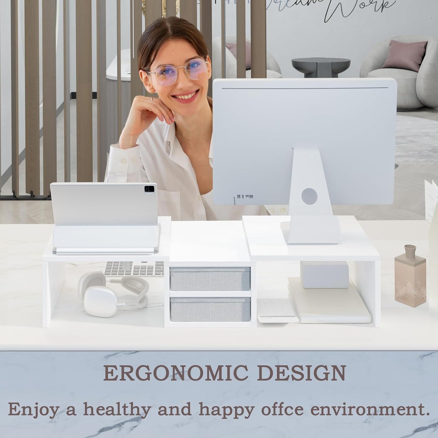 TEAMIX Dual Monitor Stand Riser with 2 Drawers - Length and Angle Adjustable White Monitor Stand with Storage Large Computer Riser for 2 Monitors/Laptop/PC, Wood Screen/TV Stand Desk Organizer