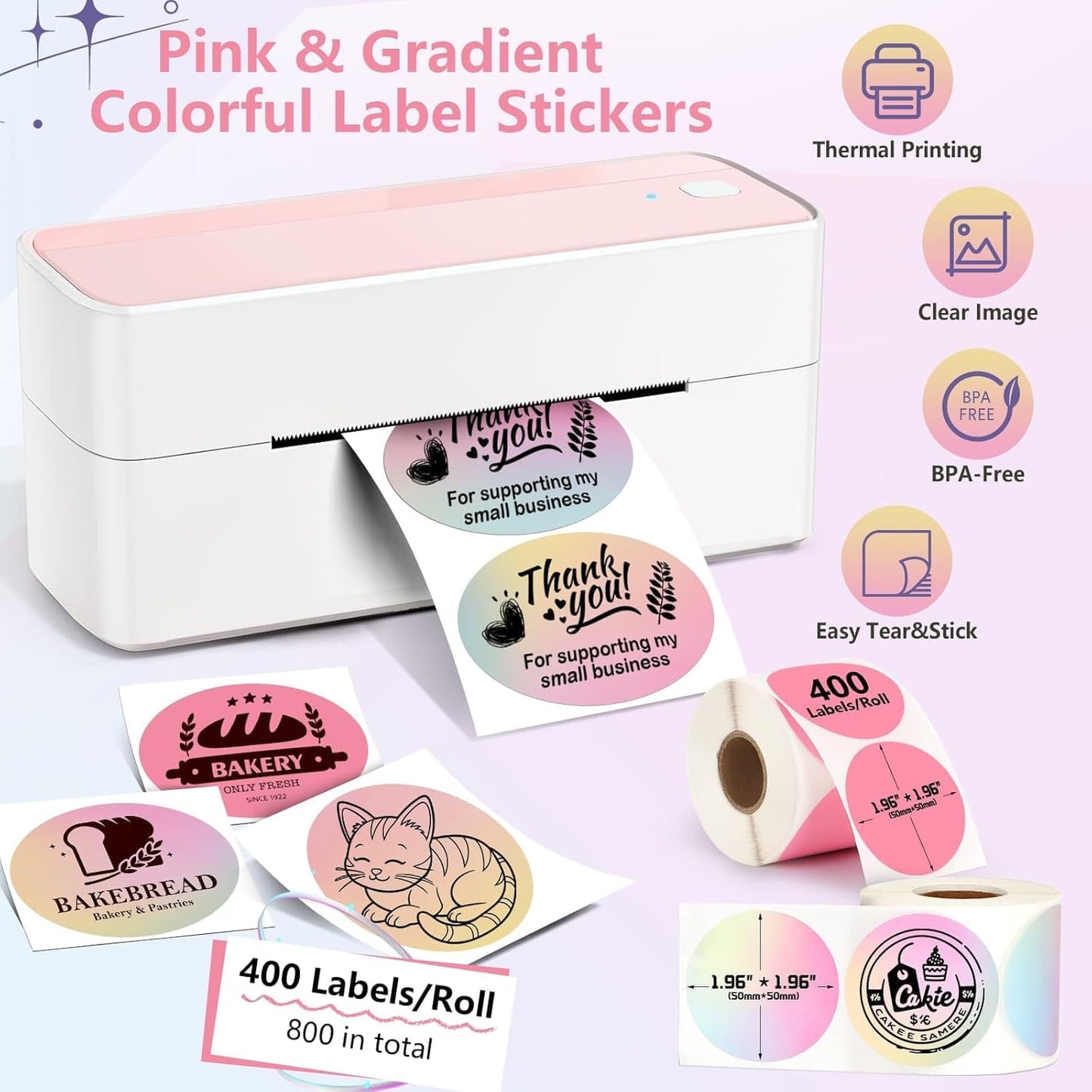 2 Rolls Colorful Thermal Labels,1.96'' Round Label Sticker for Phomemo 241BT,for MUNBYN 130B/RW402B Printer,800Pcs Waterproof Label Paper for Address/Logo/Barcode/Name/Thanks