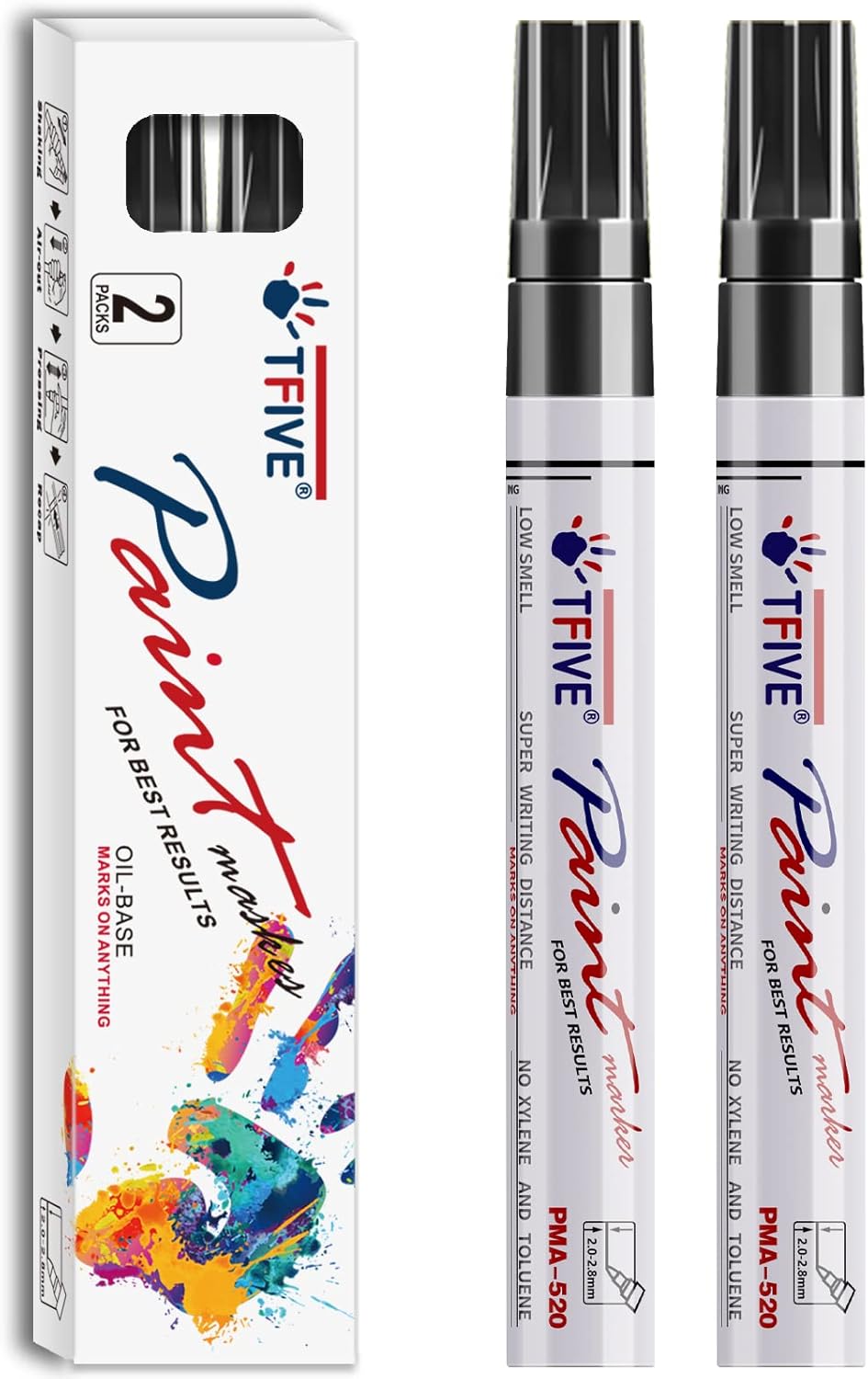 TFIVE Black Permanent Paint Marker Pens - 2 Count Oil Based Marker Pen, Medium Tip, Waterproof & Quick Dry, for Office, Art projects, Rock Painting, Ceramic, Glass, Wood, Plastic, Metal, Canvas