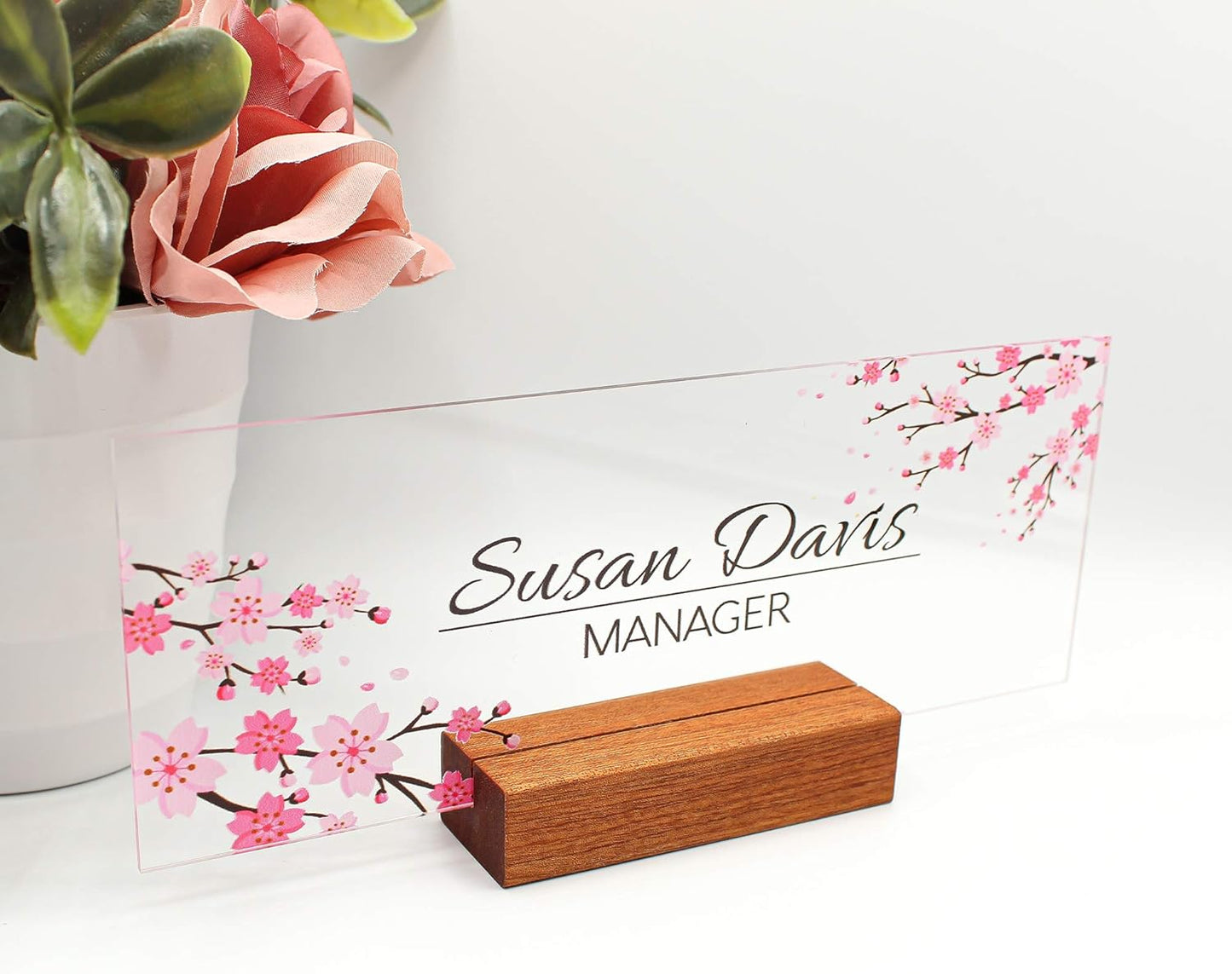 Custom desk nameplate desk décor wood base holder office supply acrylic sign coworker gift teacher school flower floral (8"x3"