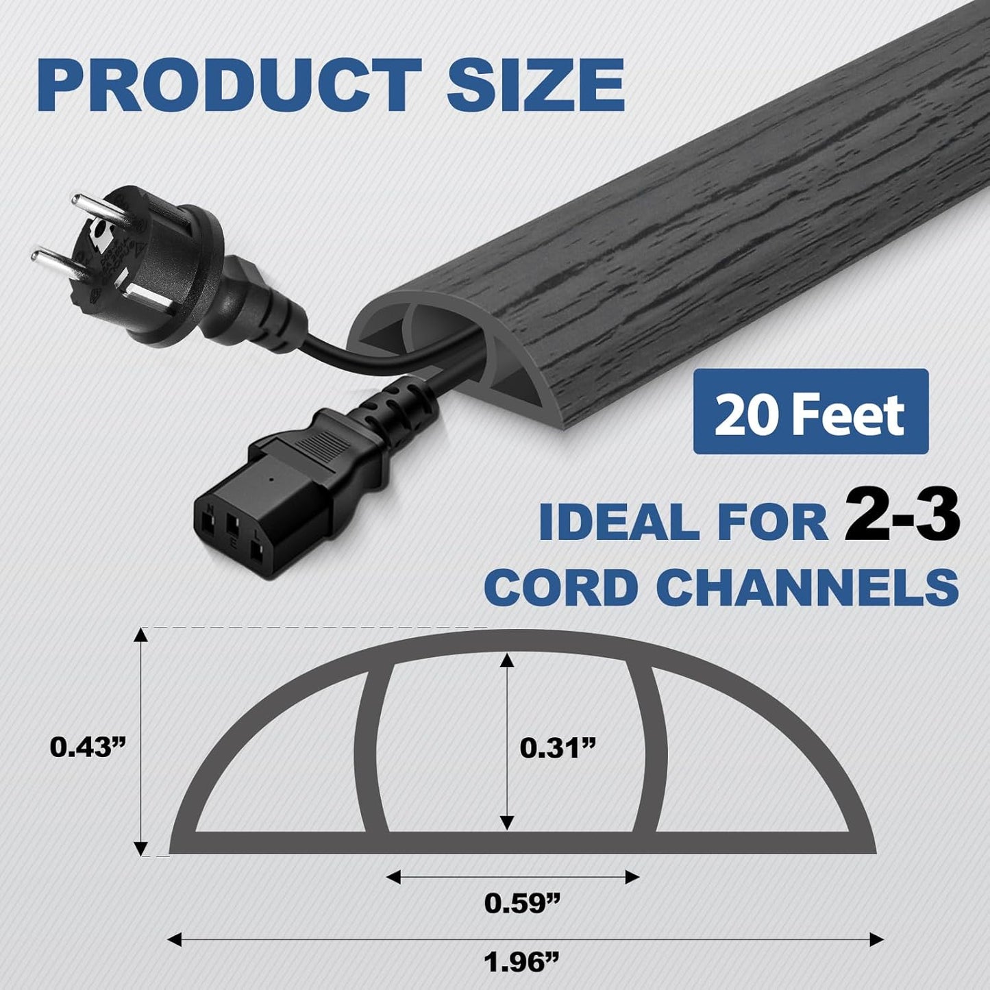 Floor Cord Cover for Wires on Floor Self Adhesive Cord Hider Floor Cable Management Wire Covers for Cords Protector Prevent Cable Trips Cord Cavity W 0.59" x H 0.31", Deep Gray Wood, 20Ft