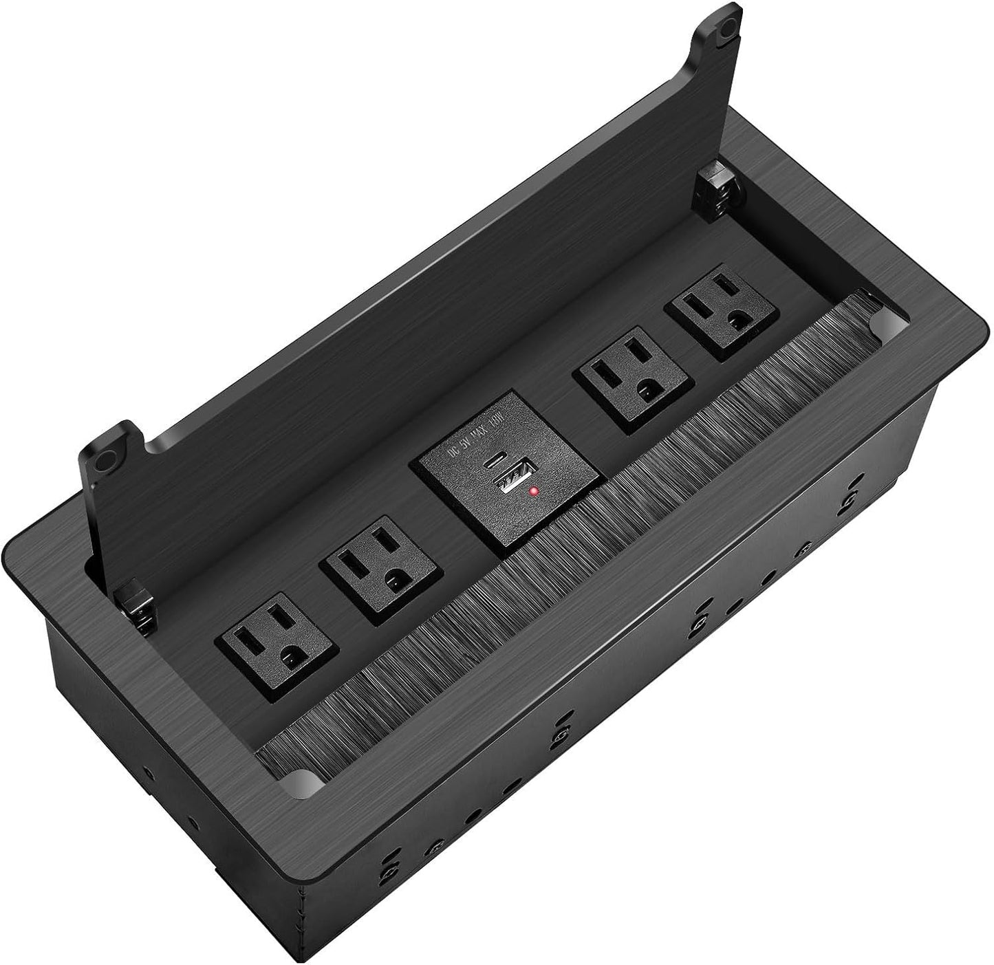 Embedded mesa Power Outlet Box, Table Power Multimedia Connectivity Box for Conference Study Room Home with 4 AC Outlet,USB-C Port Fast Charge 18W Length 4.9FT Power Cable (Brushed Black)