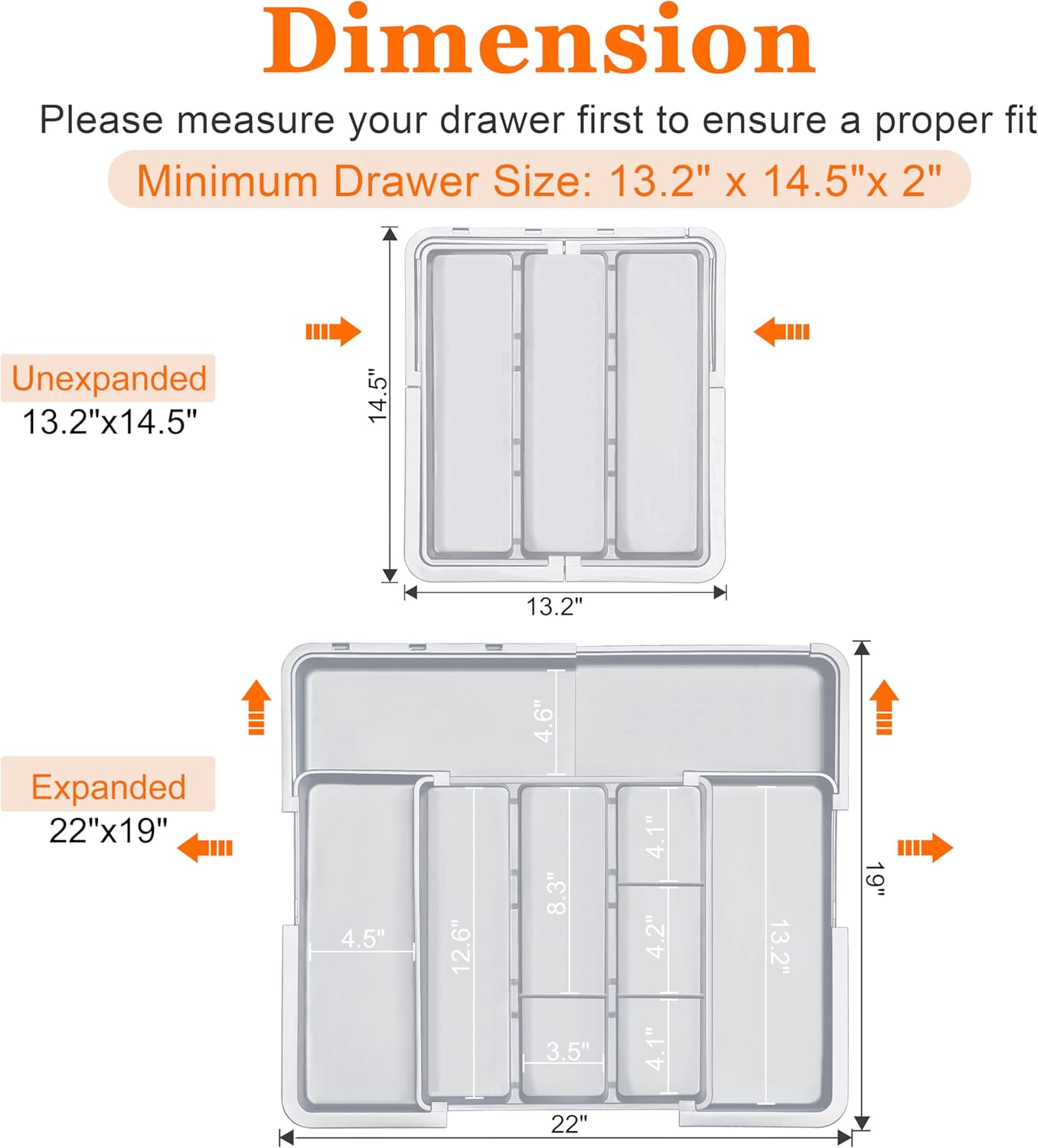 Large Utensil Drawer Organizer Expandable Silverware Organizer for Kitchen Drawer Adjustable Cooking Utensil Holder Cutlery Flatware Tray Spatula Tools Gadgets Storage Dividers Plastic Grey