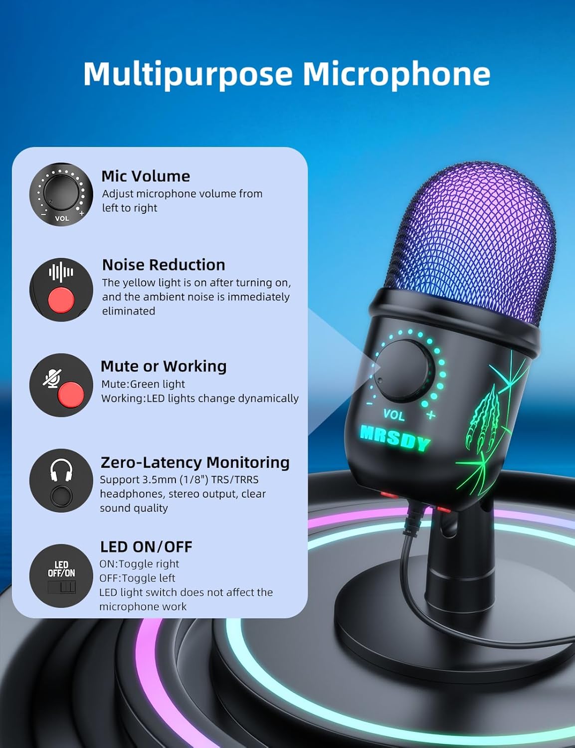 USB Gaming Microphone for PC, Mac, PS4, PS5, Computer Mic with Noise Reduction, Monitor, Mute and RGB, Great for Recording, Streaming, Podcasting
