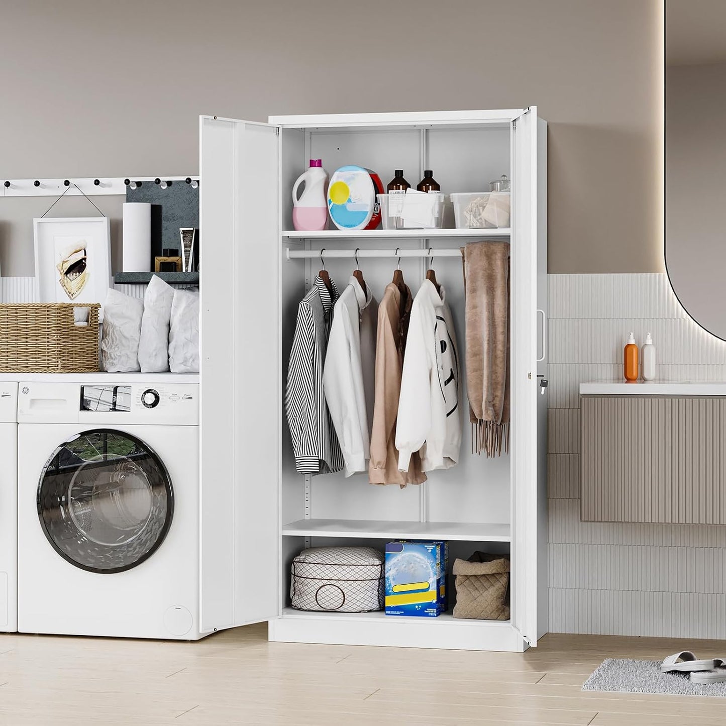 MIIIKO Metal Clothing Storage Locker, Steel Wardrobe Cabinets with Shelves and Hanging Rod, 72" Large Storage Locker Closet for Garments, Sports Equipment and Shoes